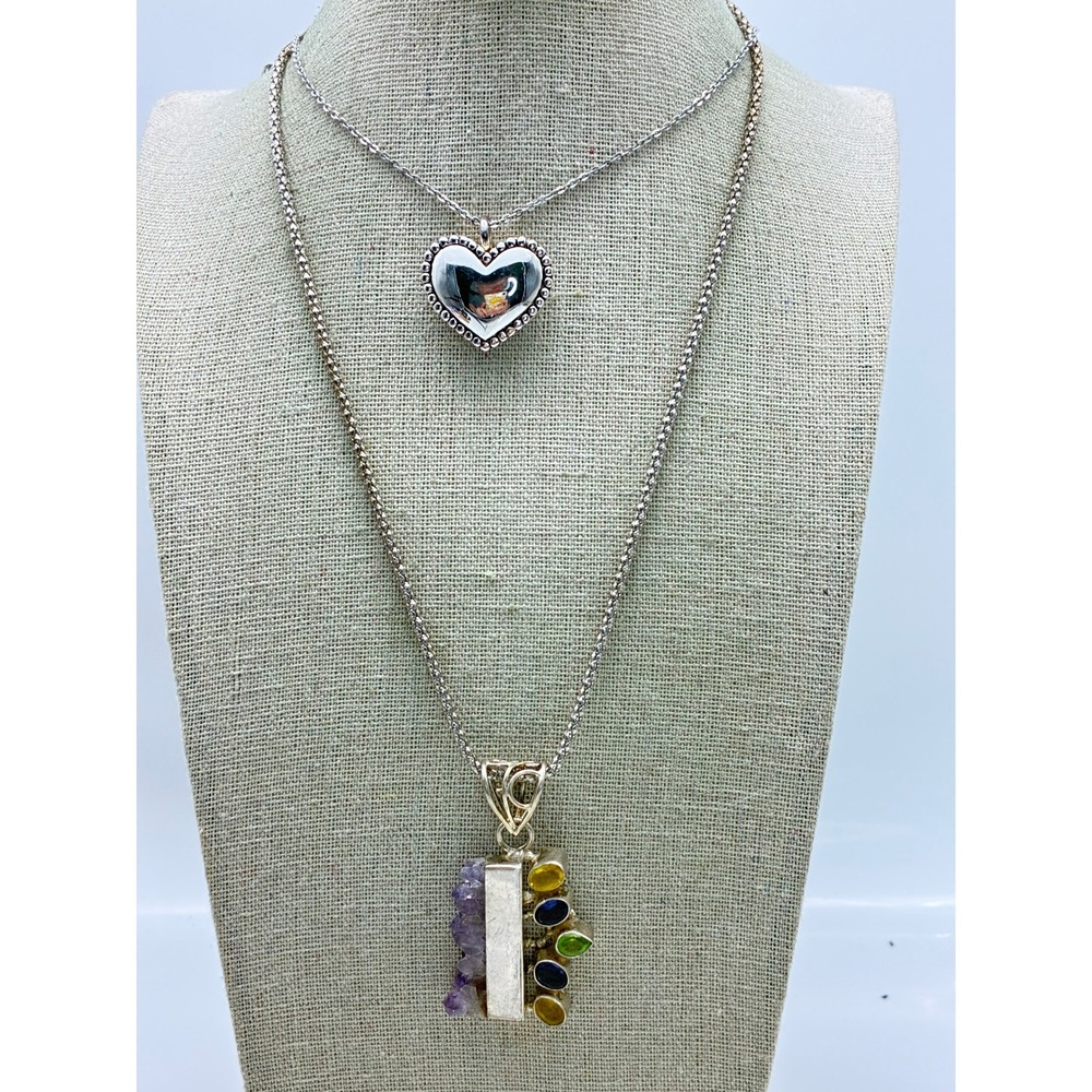 Silver Tone Heart Pendant and Raw Amethyst Druzy Multi Stone Necklace Set